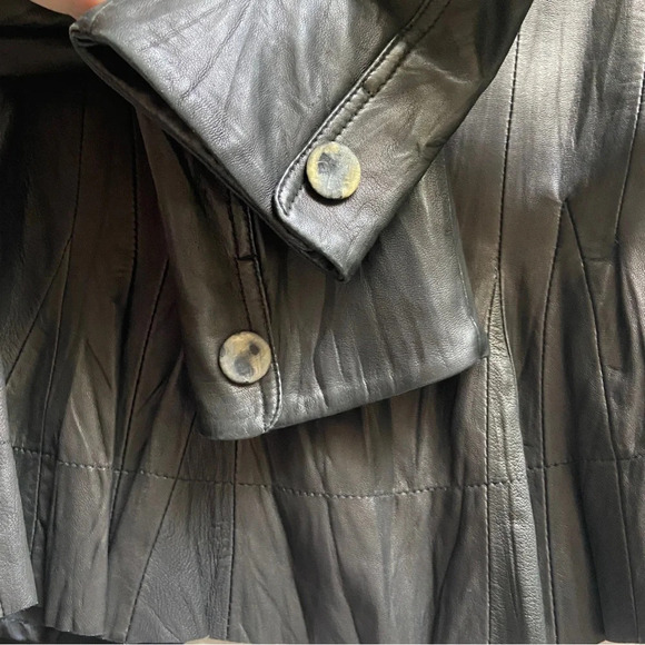 Classic Black sheepskin button leather jacket Sz S/M 17"PTP - Picture 5 of 10